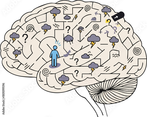 A person stands inside a maze-filled brain illustration with thought bubbles and question marks, symbolizing aids to problem-solving and cognitive challenges.