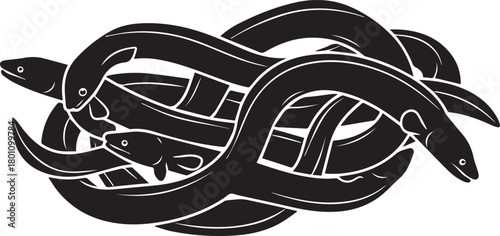 Intertwined Black Eels Forming a Knot fish marine life