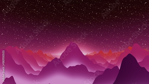 Abstract mountain landscape with prominent purple pink peak silhouettes and starry cosmic sky, dramatic layered gradient background