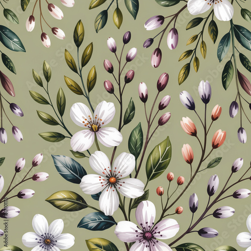 Fototapeta Naklejka Na Ścianę i Meble -  Floral pattern flowers leaves botanical nature spring summer garden blossom bloom petals branches elegant decorative design seamless textile wallpaper