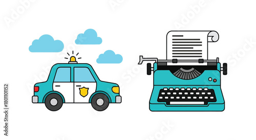 Vector illustration of police car and typewriter illustration