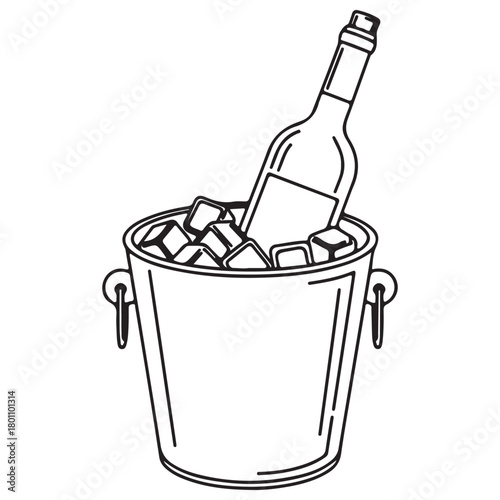 Simple Line Art Drawing of Wine Bottle in Ice Bucket