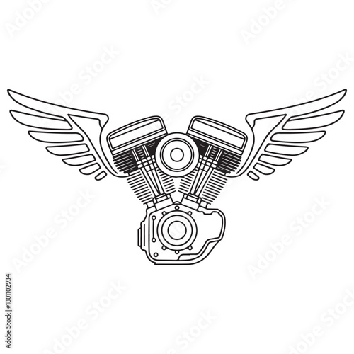 Monochrome V-Twin Motorcycle Engine with Wings Line Art Design