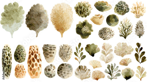 Watercolor marine sponges and sea plants in neutral olive and beige. Textured ocean elements isolated on white for natural branding, patterns, and coastal decor.