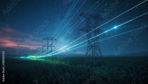 Stunning power lines transmit energy across a starry night sky, showcasing technology and infrastructure for a sustainable future, dynamic energy transmission