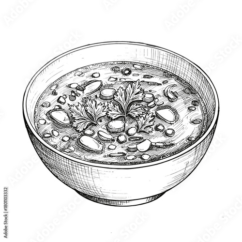 Bowl of vegetable soup with herbs and beans in a ceramic dish  