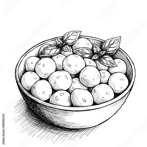 Bowl of mozzarella balls with basil leaves in sketch style  