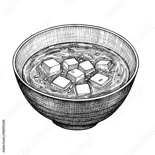Bowl of soup with tofu cubes in simple line art style  