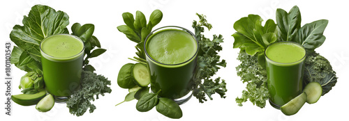 Fresh green smoothie in glass surrounded by lettuce, cucumber, spinach, and apple, isolated on white background