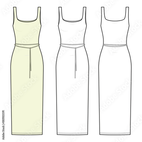 Sleeveless Belted Maxi Dress Technical Fashion Illustration. Fitted Scoop-Neck Dress Vector Template. Front, Back, and Side View. Ankle-Length Silhouette. Women’s Apparel CAD Mockup Set.