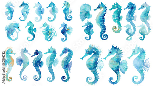 Watercolor seahorse collection in blue and teal. Detailed marine creatures with curled tails, isolated on white for coastal decor, patterns, nursery art, and invitations.