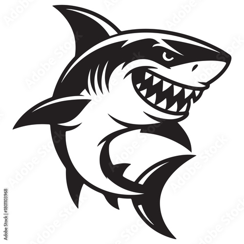 Aggressive Shark Mascot Illustration with Sharp Teeth, Monochrome Design