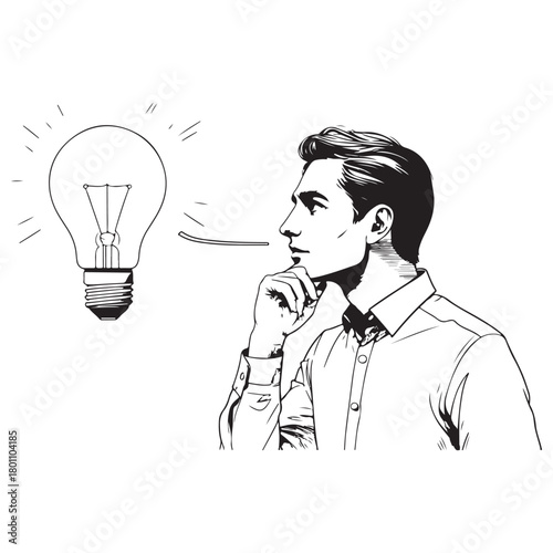 Monochrome Line Art Illustration of Man Thinking with Idea Light Bulb