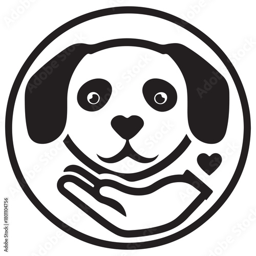 Minimalist Black and White Dog and Hand with Hearts Circle Icon