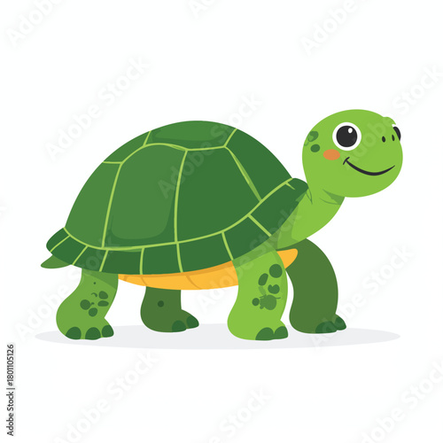 A cheerful cartoon turtle with a green shell and smiling face, walking.