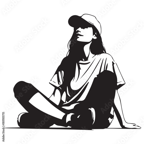 Monochrome Vector Illustration of a Casual Person in Cap Looking Up