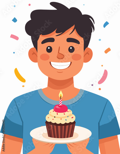 A smiling cartoon boy holds a cupcake with a candle, surrounded by confetti.