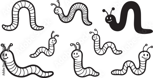 Collection of Seven Cartoon Worms with Happy Faces