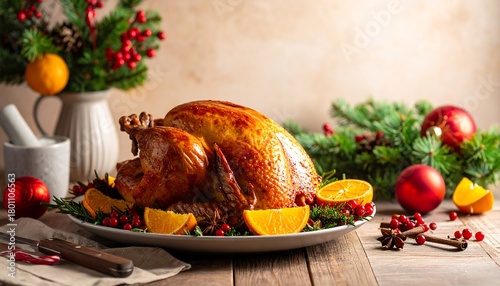 Festive Thanksgiving Turkey Dinner with Holiday Decorations.