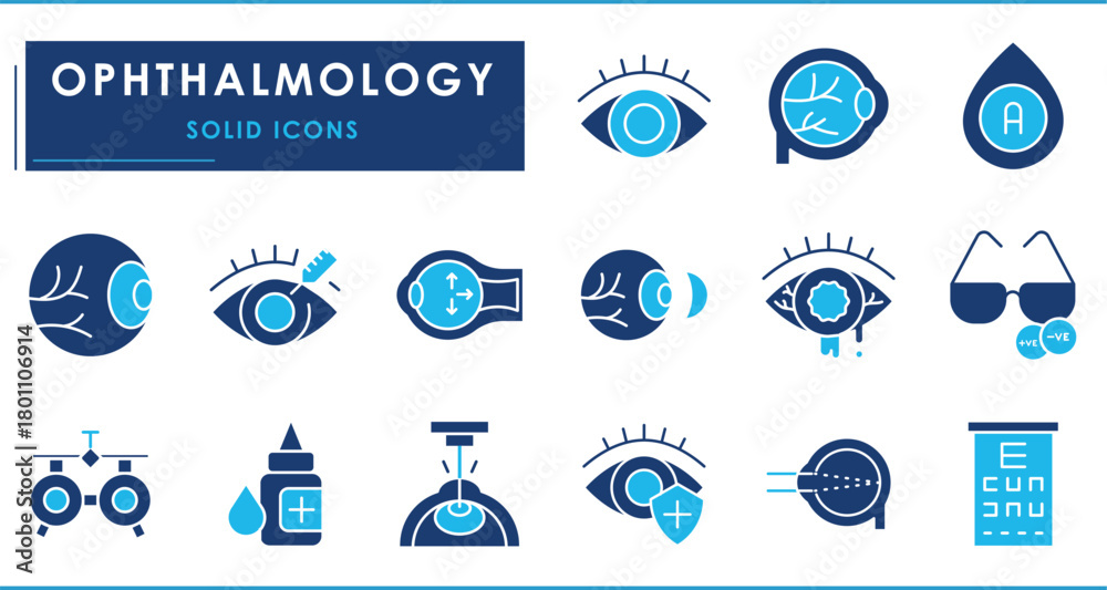 Fototapeta premium A set of Flat icons related to Ophthalmology. Eye, care, laser, treatment, vision, optics, retina, cornea, contact lens, glaucoma, ophthalmoscope, anatomy, and so on.