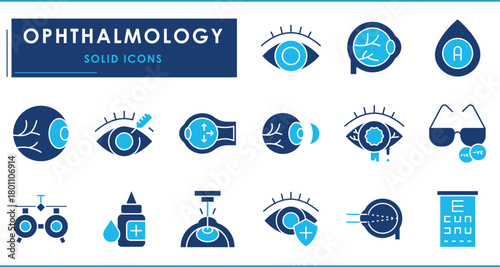 A set of Flat icons related to Ophthalmology. Eye, care, laser, treatment, vision, optics, retina, cornea, contact lens, glaucoma, ophthalmoscope, anatomy, and so on.
