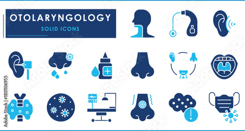 A set of flat icons related to Otolaryngology. Nose, ear, throat, hearing, sinuses, tonsils, infection, tinnitus, larynx, and so on.