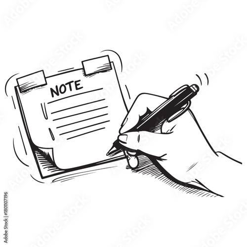 Black and White Hand-Drawn Sketch of Hand Writing on Note Paper