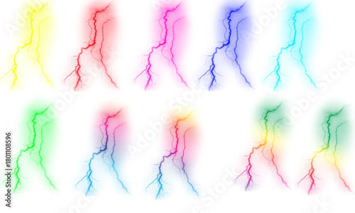 Collection of colorful lightning bolts bright electric discharge illustration isolated on white background