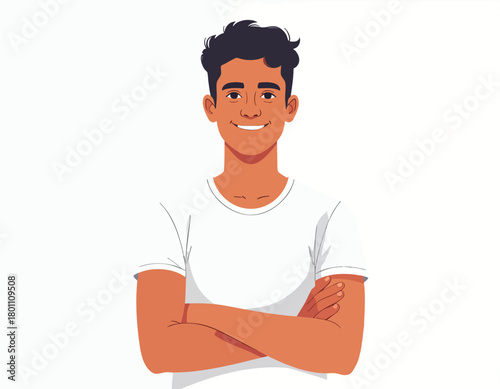 Smiling young man with crossed arms, wearing a white t-shirt.