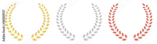 Gold, silver, bronze laurel wreaths. Olive Leaf for Winner Chaplet. Circle Tree Branch Success Symbol. Winner medal award set vector illustration. 