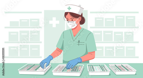 A Medical Professional Arranging Medications Inside a Pharmacy or Hospital Environment