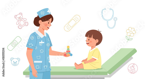 A Nurse Offers a Child a Toy in a Pediatrician's Office for an Illustration