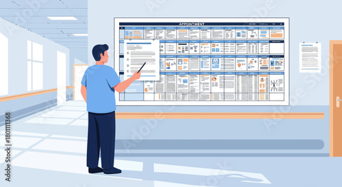 A Person Displays Documentation and Information on a Large Wall Display Board