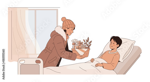 Caring Gesture: A Person Brings Gifts to a Sick Friend in The Hospital Room