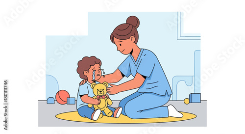 Comforting Child: A Caring Professional Soothes Upset Youngster With Stuffed Animal Support