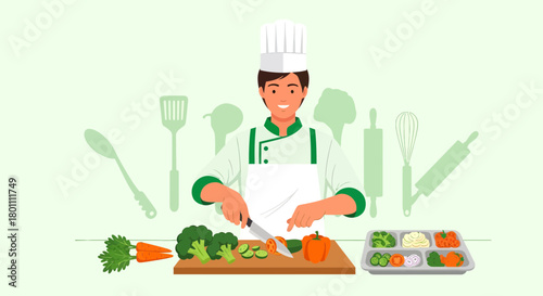 Chef Preparing Fresh Vegetables And Ingredients For Delicious and Healthy Cuisine
