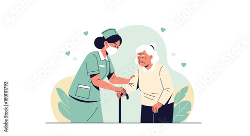 Compassionate Nurse Assisting Elderly Woman with Walking during Healthcare Visit