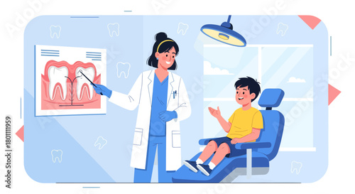 Dentist Explaining Dental Care To a Child In a Colorful Illustration Setting