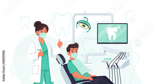 Dental Visit: Modern Illustration of Dentist Showing Approval in a Medical Clinic Scene