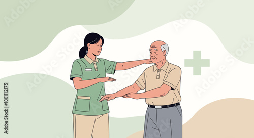Elderly Healthcare Illustration Showing Physical Therapy and Support to Older Adult