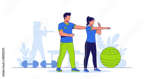 Fitness Trainer Guiding Person During Workout Session With Exercise Ball For Wellbeing