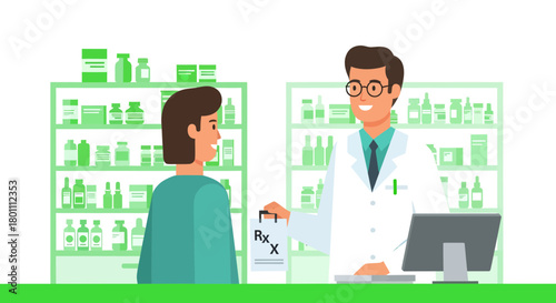 Friendly Pharmacist Providing Medication to a Patient at Modern Pharmacy Counter