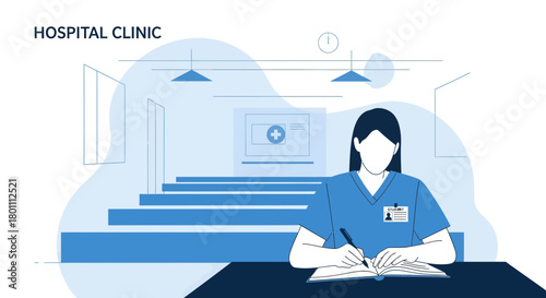 Hospital Clinic Illustration: A Nurse Documents In A Modern Medical Environment Setting