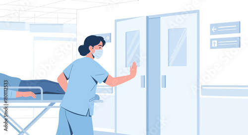 Hospital Corridor Scene Featuring A Nurse, Medical Gurney, And Surgical Doors In Illustrations