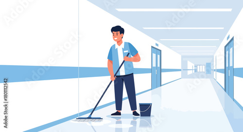 Hospital Corridor: A Cheerful Janitor Swiftly Cleans, Maintaining Pristine Cleanliness Efficiently