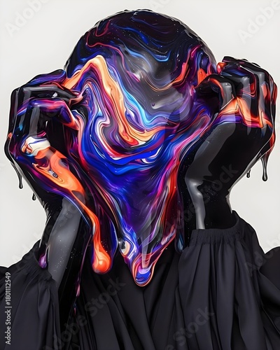 A surreal and vibrant digital artwork showing a humanoid figure with a face made of swirling, melted cosmic colors. The liquid mixture of neon blues, purples, oranges, and reds drips downward, creatin