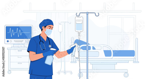 Hospital Hygiene Practice: Healthcare Worker Disinfecting Medical Equipment for Patient Safety