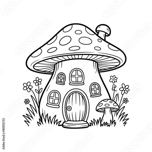Cute Mushroom House Coloring Page for Kids with Flowers and Garden Scene