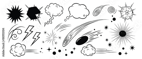 Collection of comic book style sound effects and visual elements in black and white