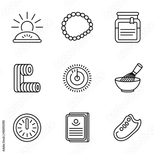 Nine icons related to wellness, time, and personal care Keywords: wellness, time, personal care